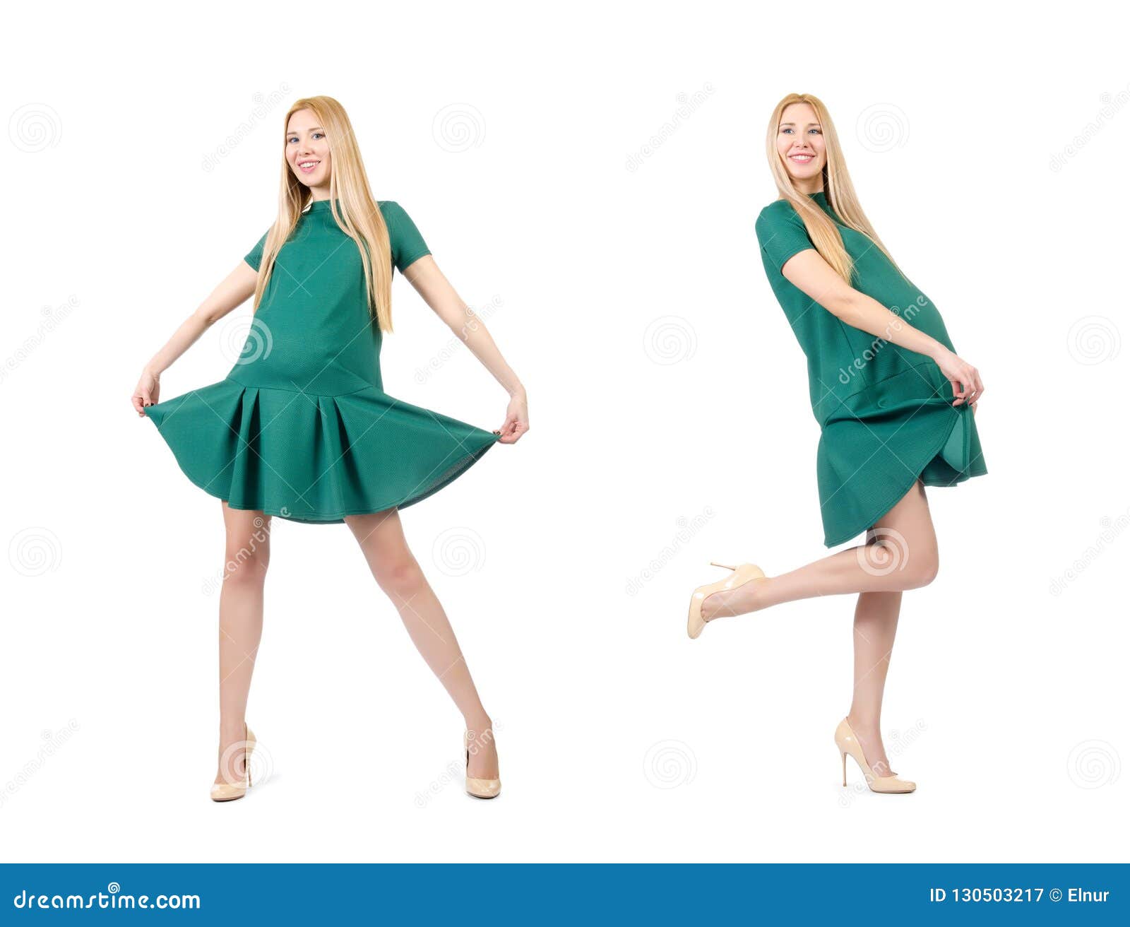 The Beautiful Pregnant Woman in Green Dress Isolated on White Stock ...