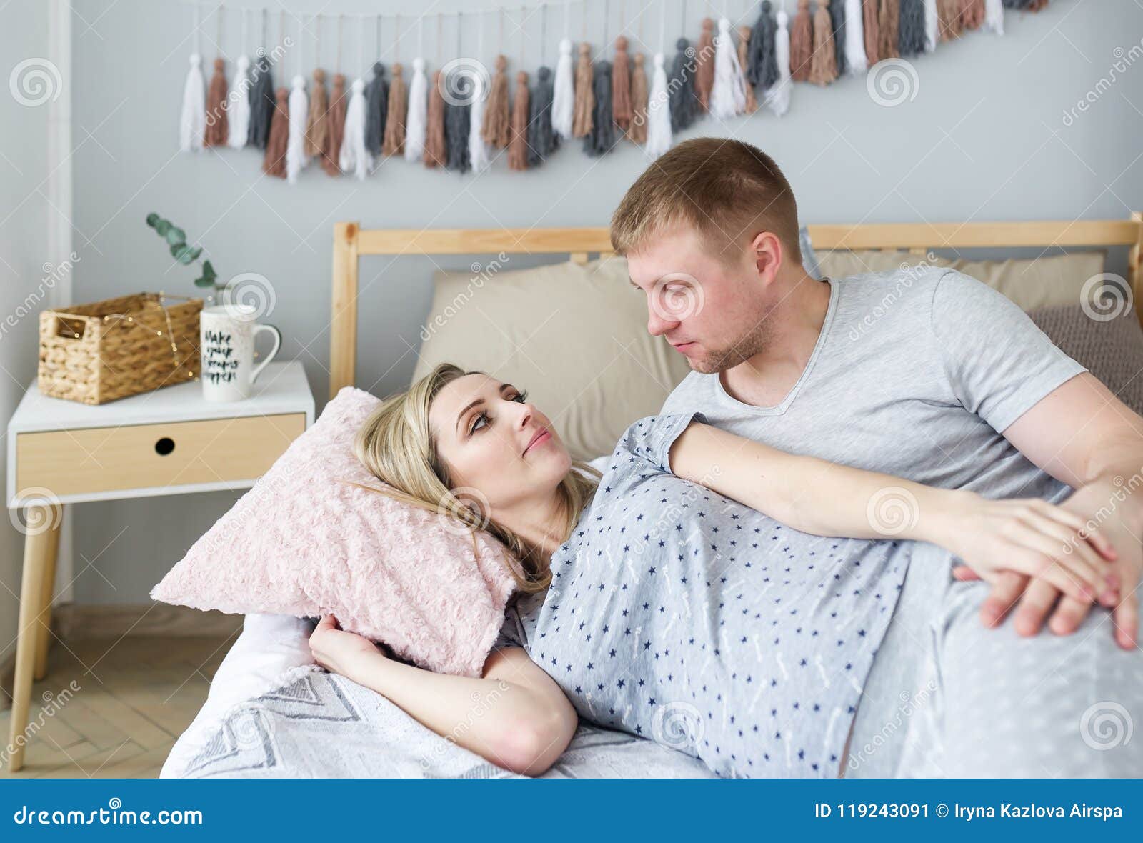 Beautiful Pregnant Woman And Her Husband Are Spending Time Together In Bed Stock Image Image 