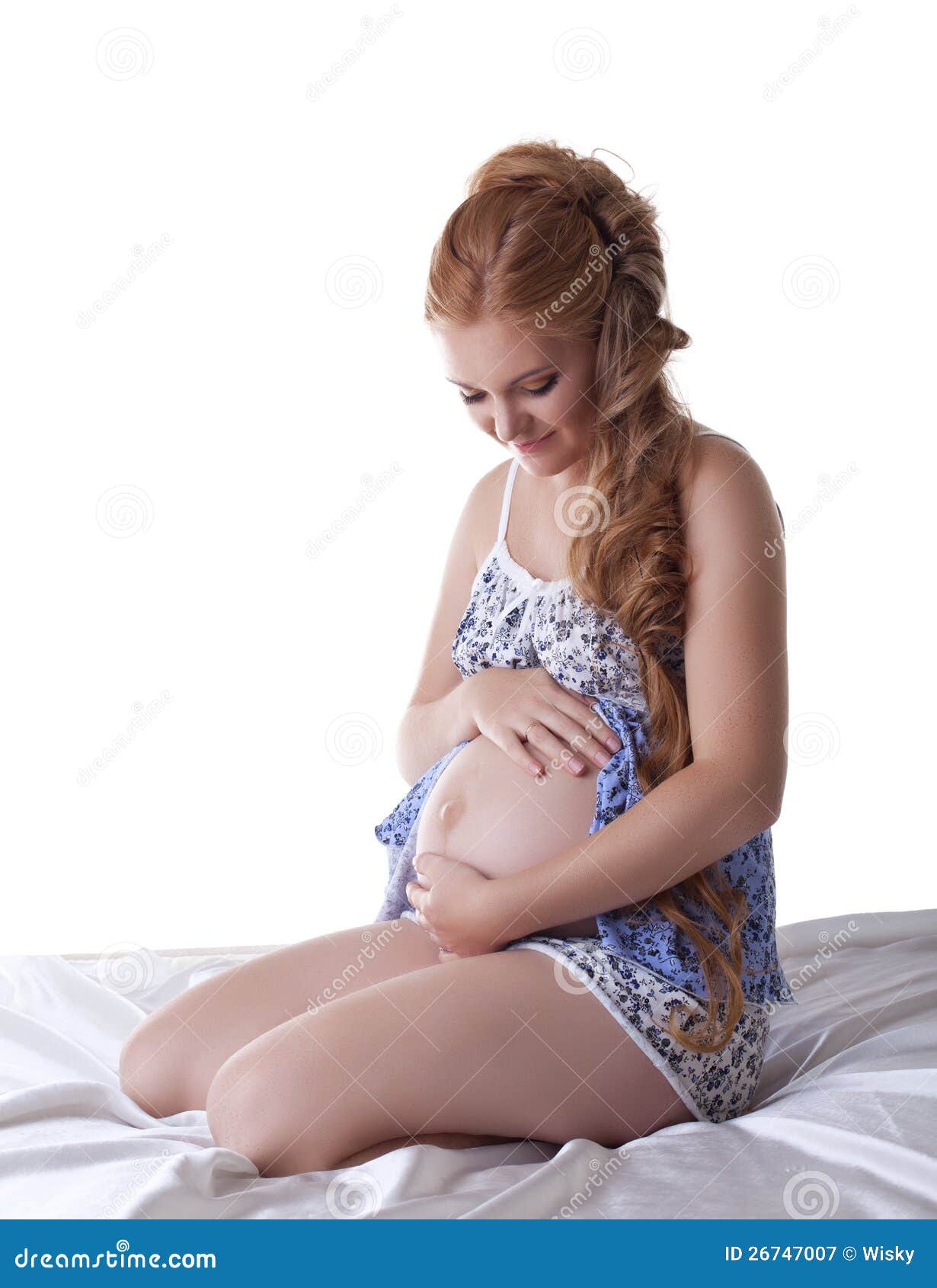 Beautiful Pregnant Woman Sit In Silk Bed Royalty Free 