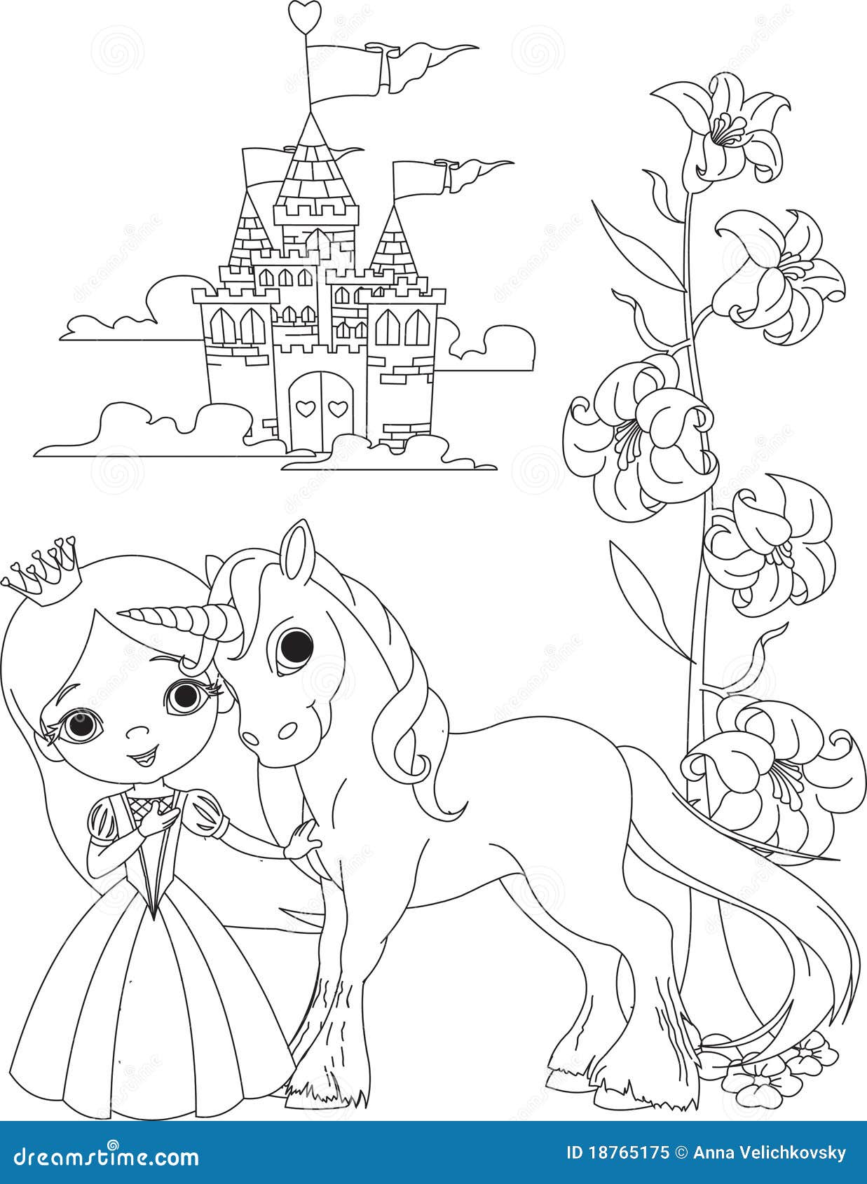 Beautiful Princess And Unicorn  Coloring  Page  Stock Vector 