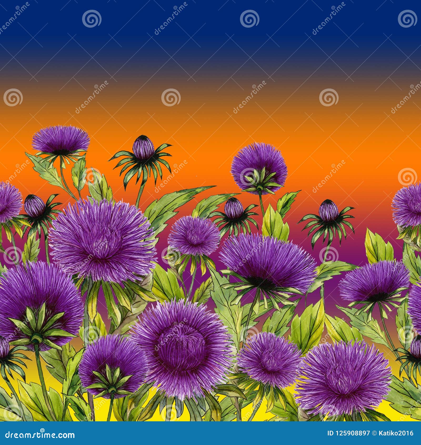 beautiful purple aster flowers with green leaves on bright gradient background. seamless floral pattern. watercolor painting