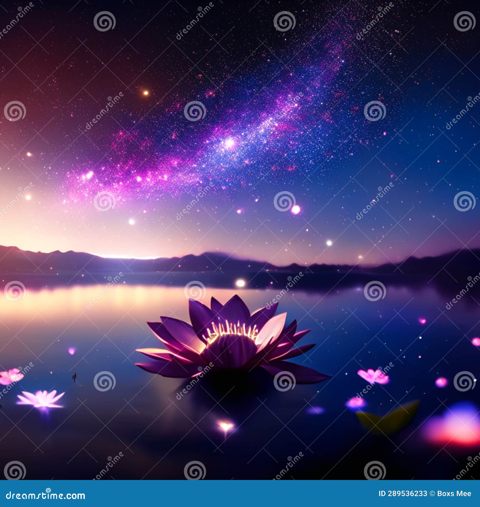 Beautiful Purple Lotus Flower in the Lake and Starry Sky Generative AI ...