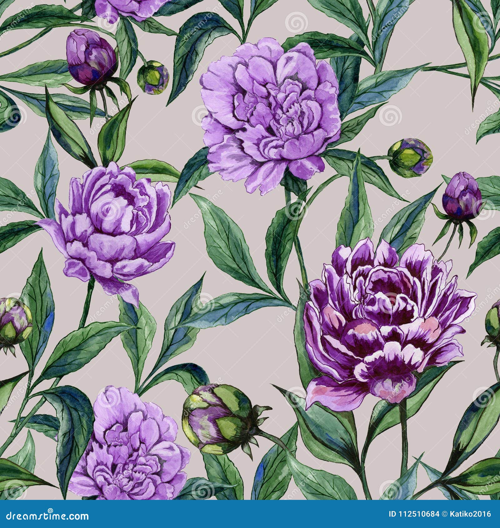Beautiful Purple Peony Flowers with Green Leaves on Beige Background.  Seamless Floral Pattern. Watercolor Painting. Stock Illustration -  Illustration of wild, wildflower: 112510684