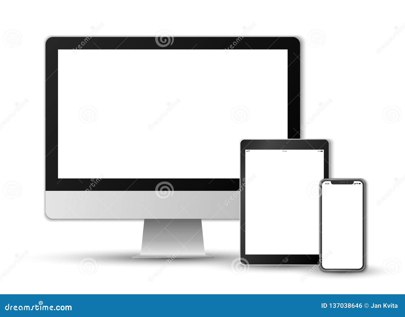 realistic  set on white background of a modern black colored smartphone, a tablet and a computer screen with white screens