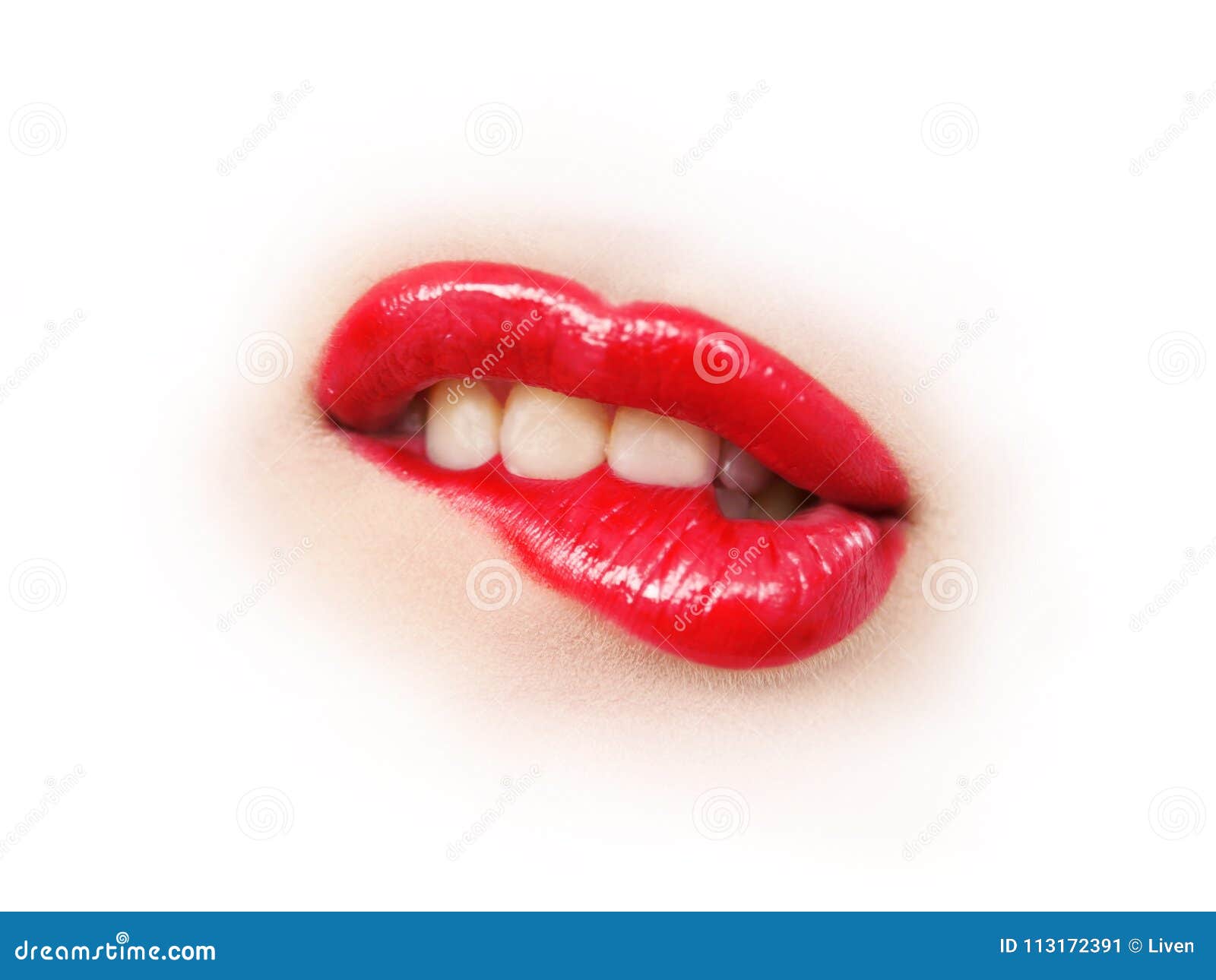 Beautiful Red Female Lips Bite Seductively Stock Image Image of