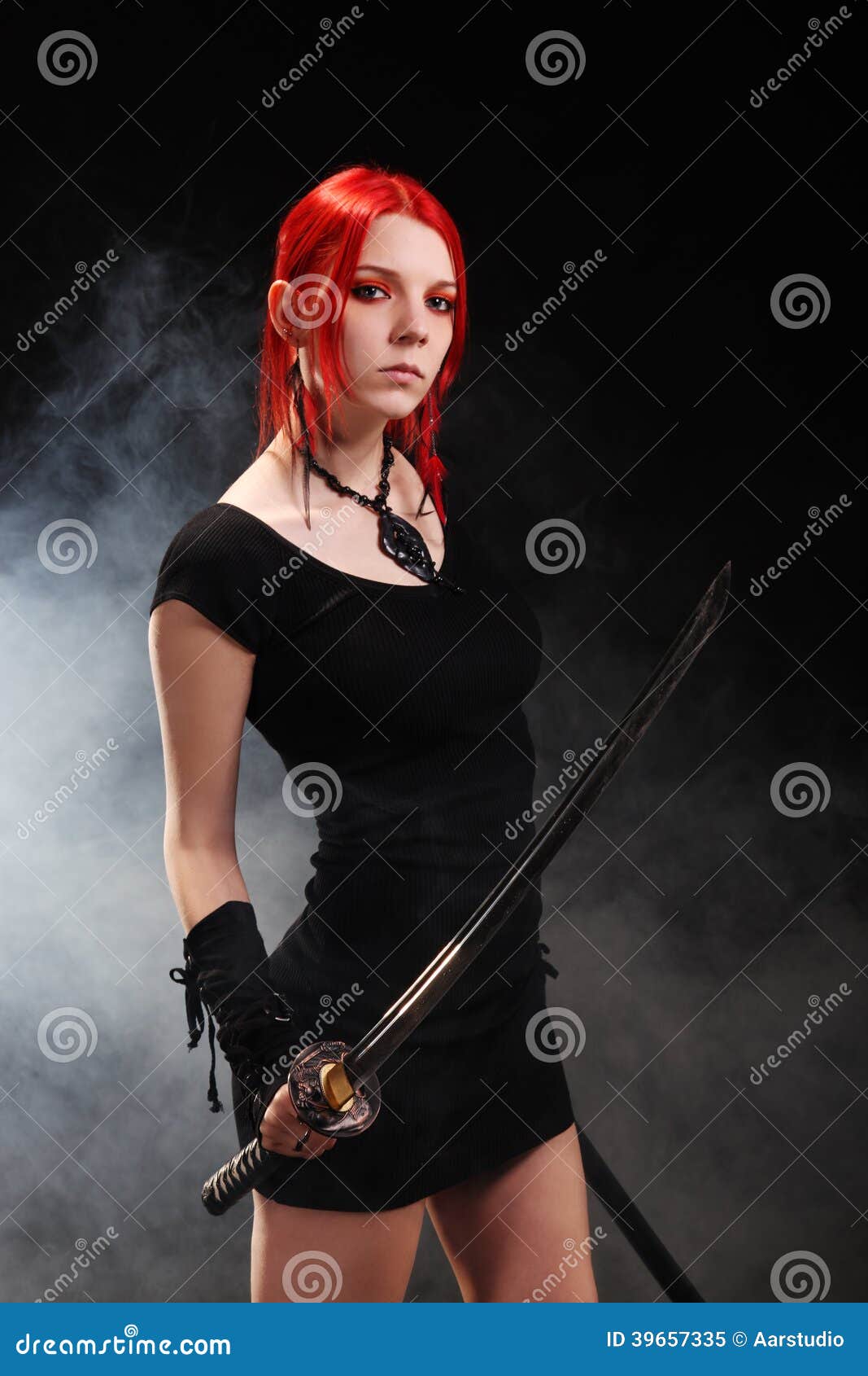 Beautiful Red Hair Girl With Katana Sword Stock Photo 