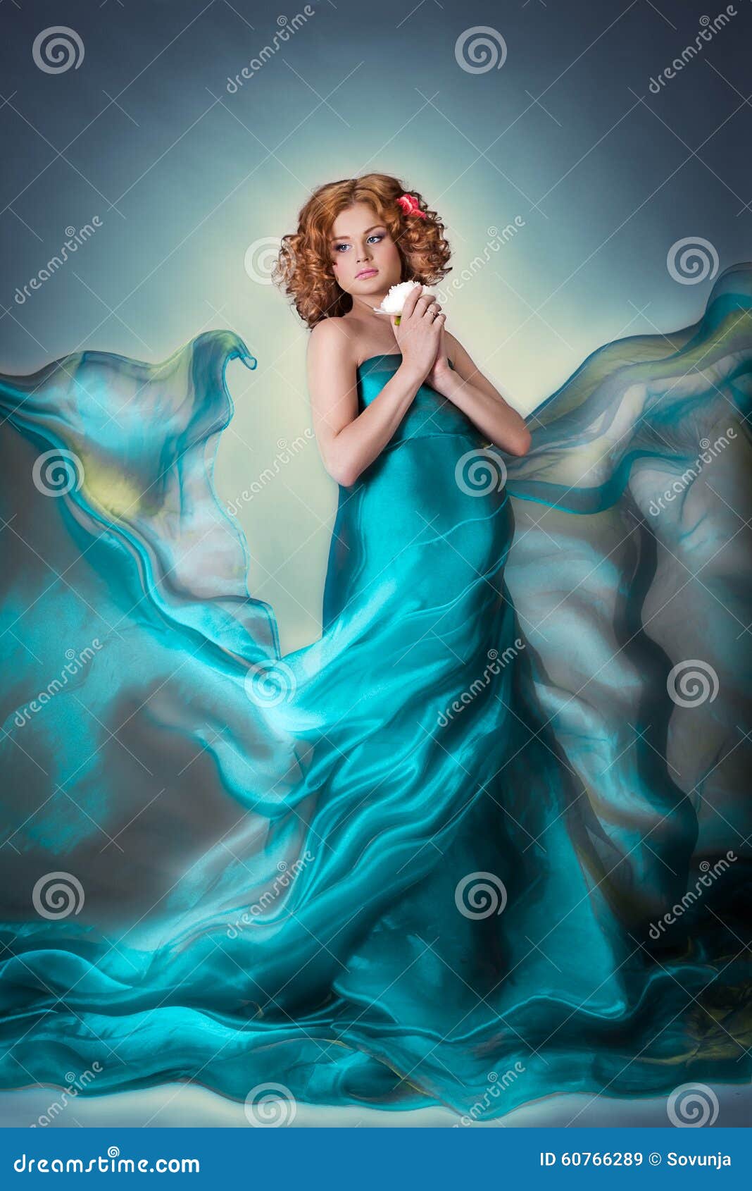 Beautiful Red Hair Pregnant Tender Woman In Blue Flying 