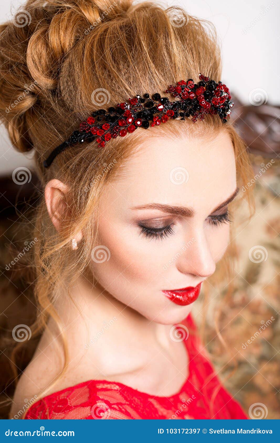 beautiful red hair young woman in white wedding gown with wide dark purple  belt. bride with fashion hairstyle. studio shot Stock Photo - Alamy