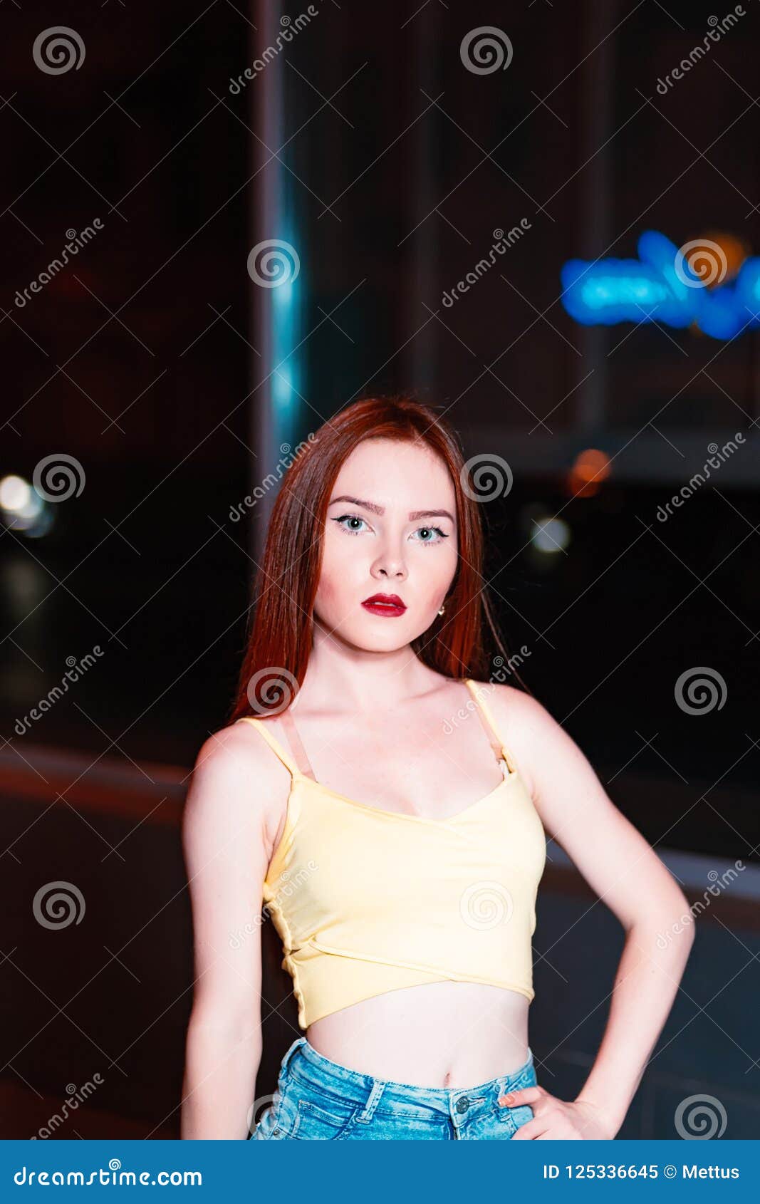 Beautiful Red Haired Girl in the Night City Stock Image - Image of ...