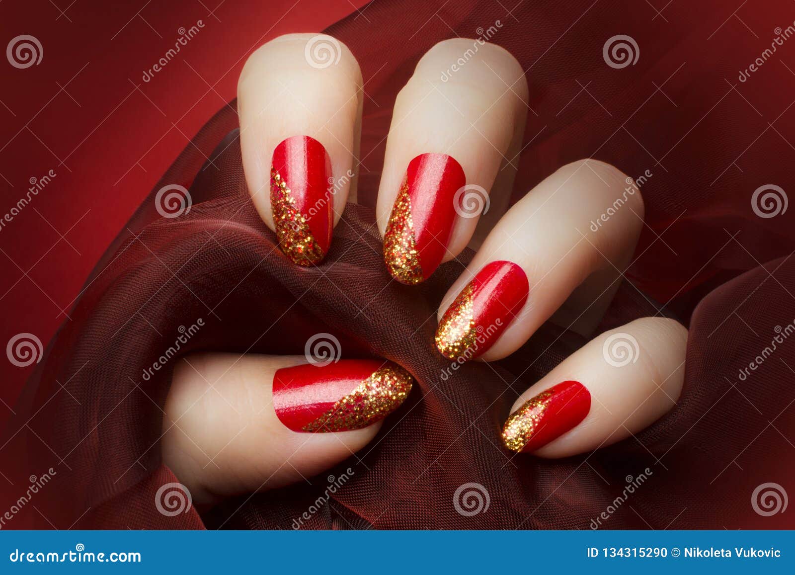 Beautiful female finger nails with red nail closeup on petals. Perfect  manicure. Woman hands with manicure red nails closeup and rose. Skin and  nail care - Stock Image - Everypixel