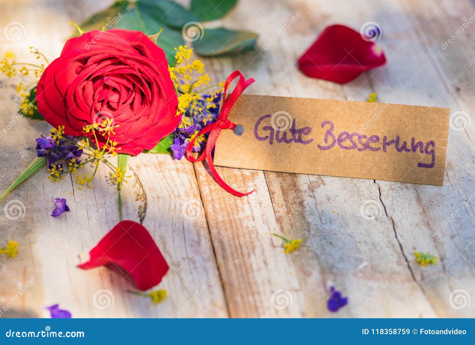 Flowers And Card With German Text Gute Besserung Means Get Well Soon Stock Image Image Of Card Soon 118358759