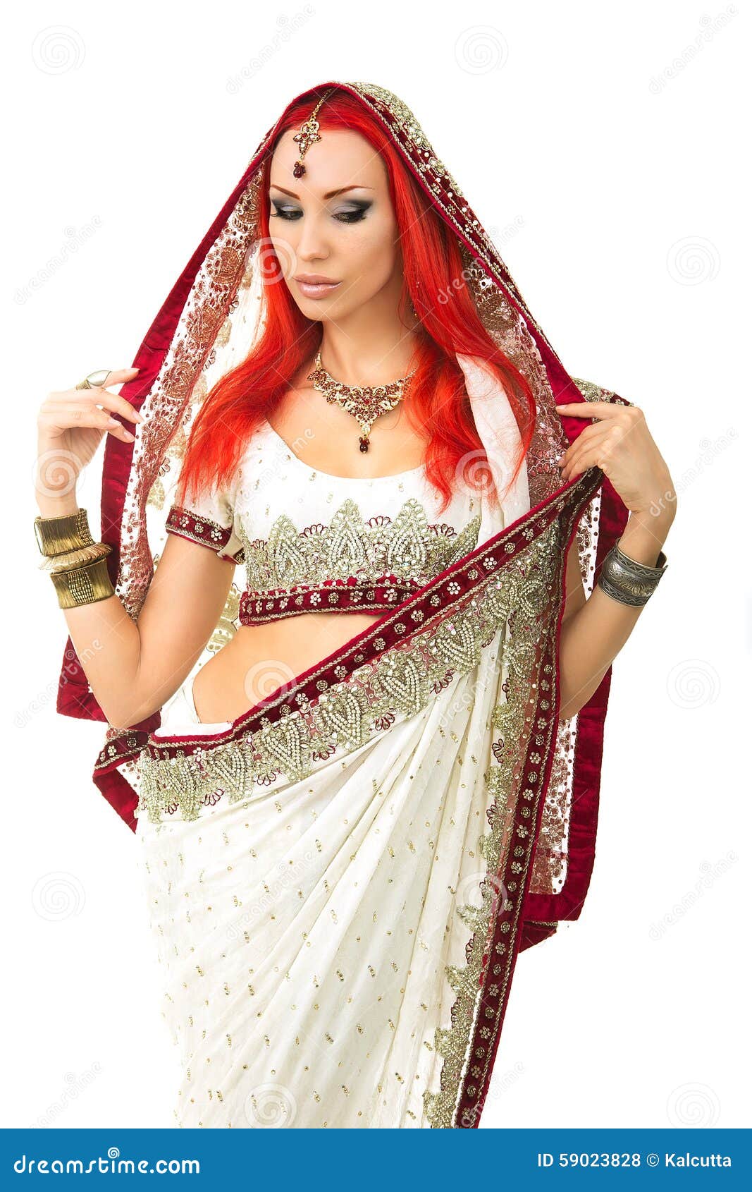 Beautiful Redhead Woman in Traditional Indian Sari Clothing Stock