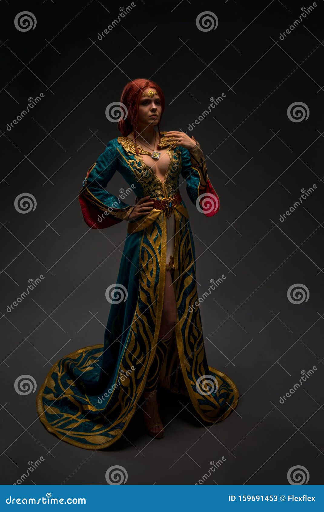 beautiful redhead woman in cosplay costume