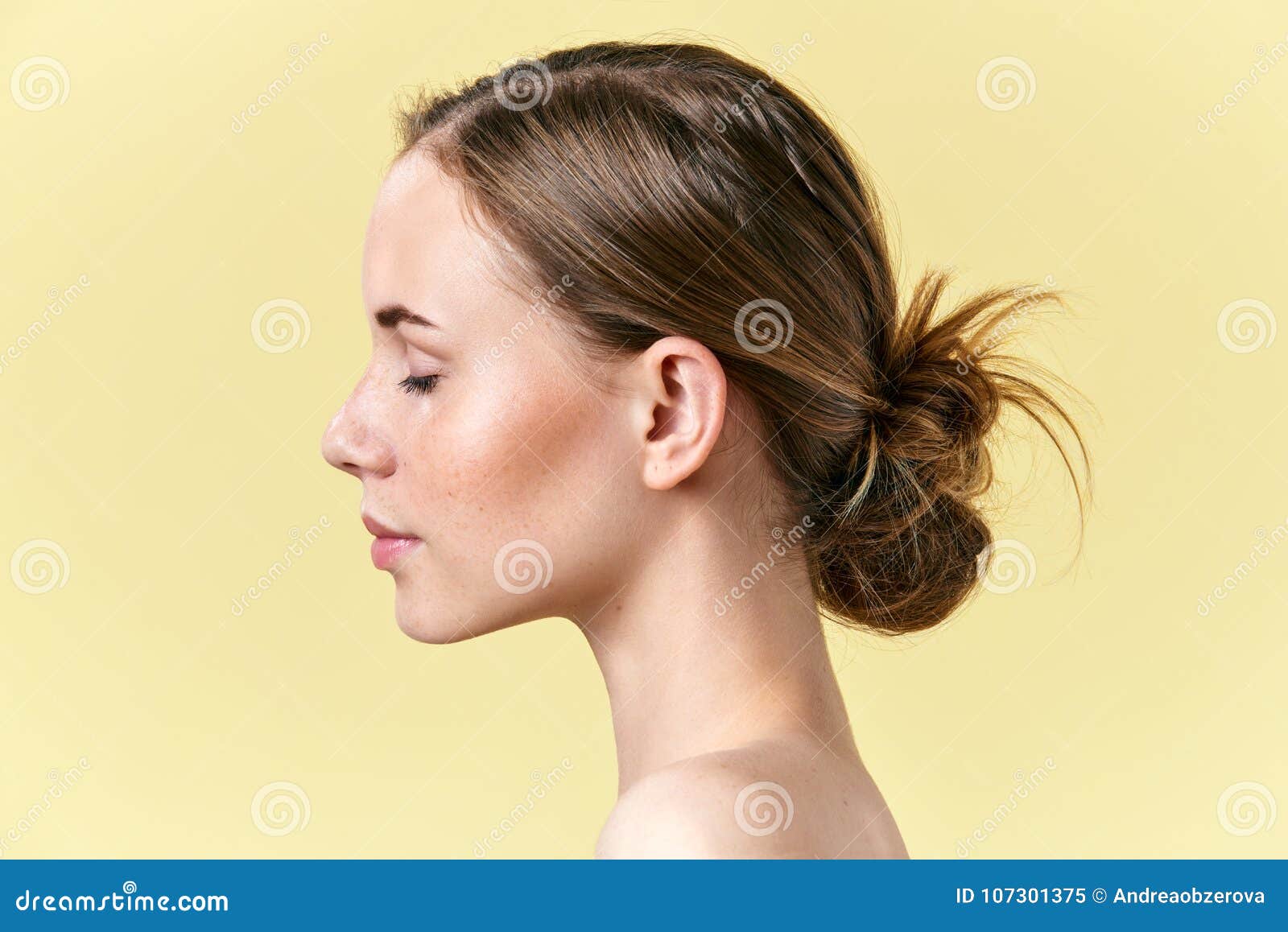 Beautiful Redhead Woman with Freckles Studio Profile Portrait. Model with  Light Nude Make-up, Closed Eyes. Stock Image - Image of laser, isolated:  107301375