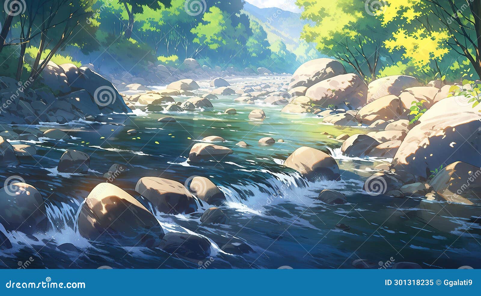 Beautiful Relaxing Peaceful Anime Wallpaper Showing a River Flows