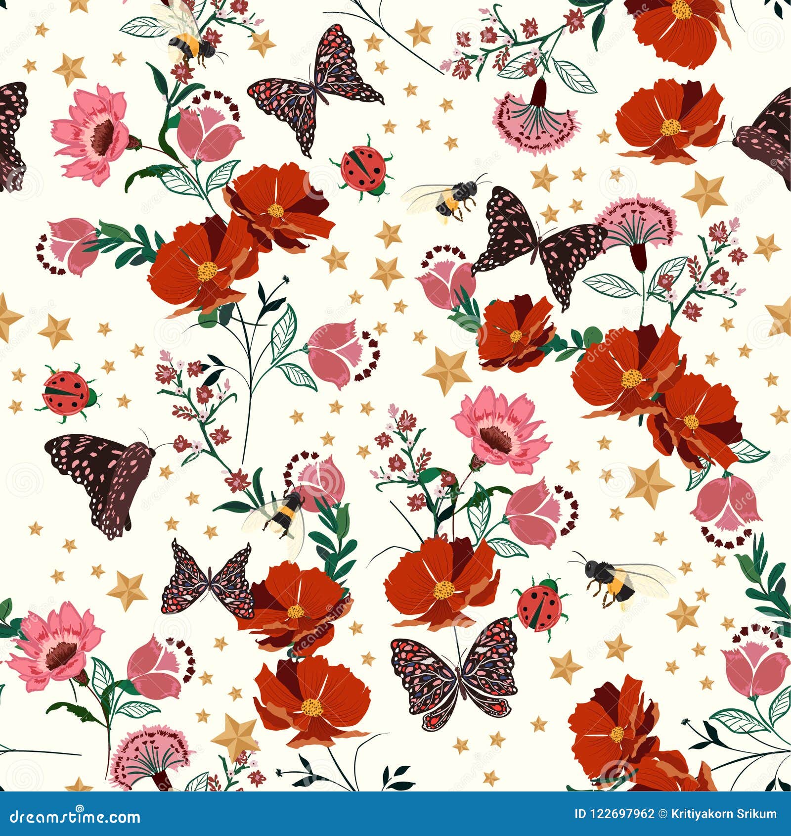 beautiful retro blooming flowers with insect,bees,butterfly,ladybug,with vintage stars seamless pattern  repeat for fashion