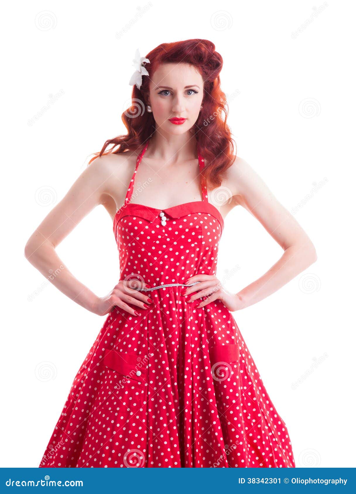 Beautiful Retro Pin Up Girl With Red Polka Dot Dress Stock