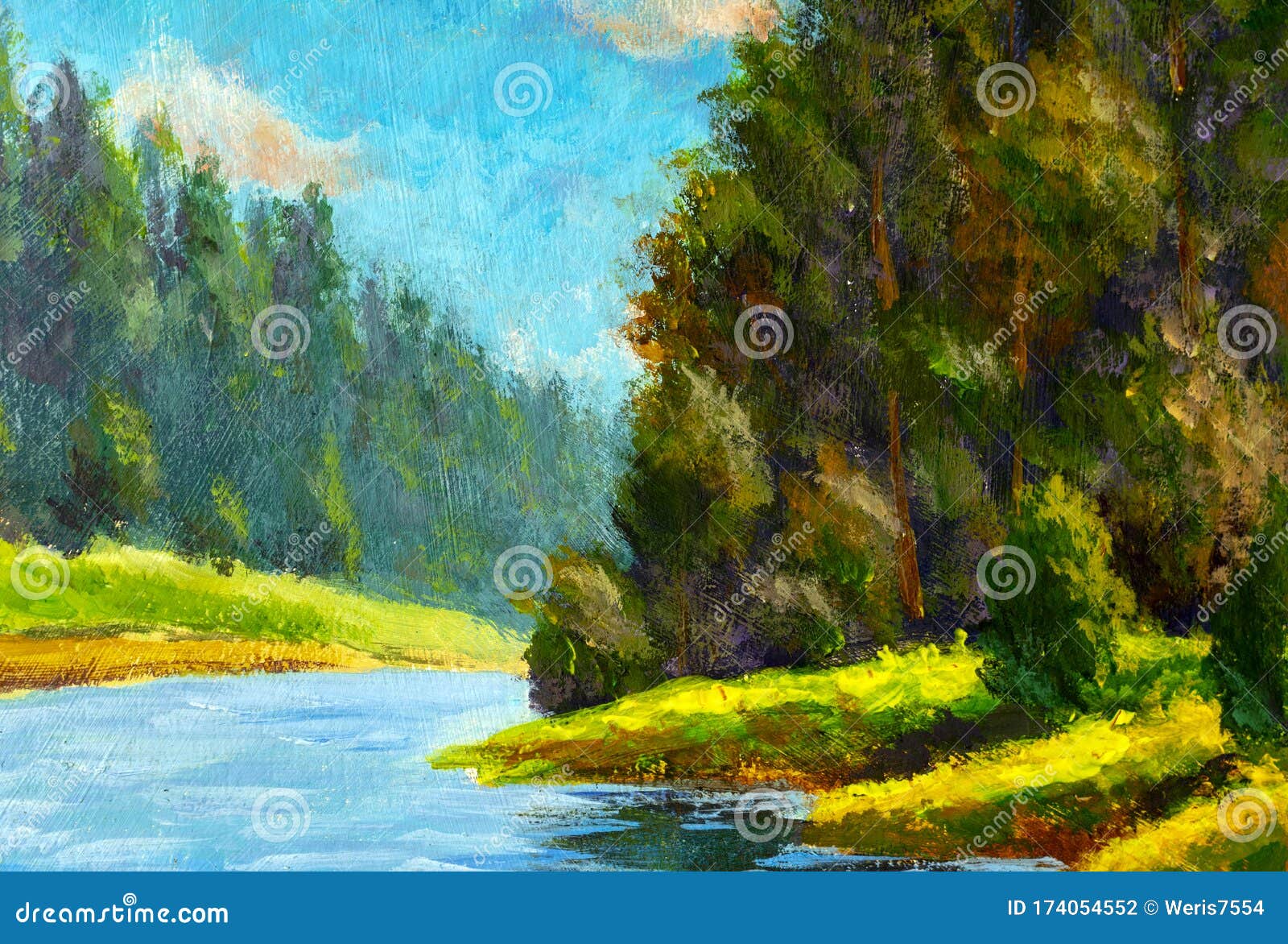 Beautiful River Landscape Acrylic Painting. Russian Forest Summer Landscape In Watercolor, Oil. Green Forest Stock Photo - Image Of Blue, Russian: 174054552