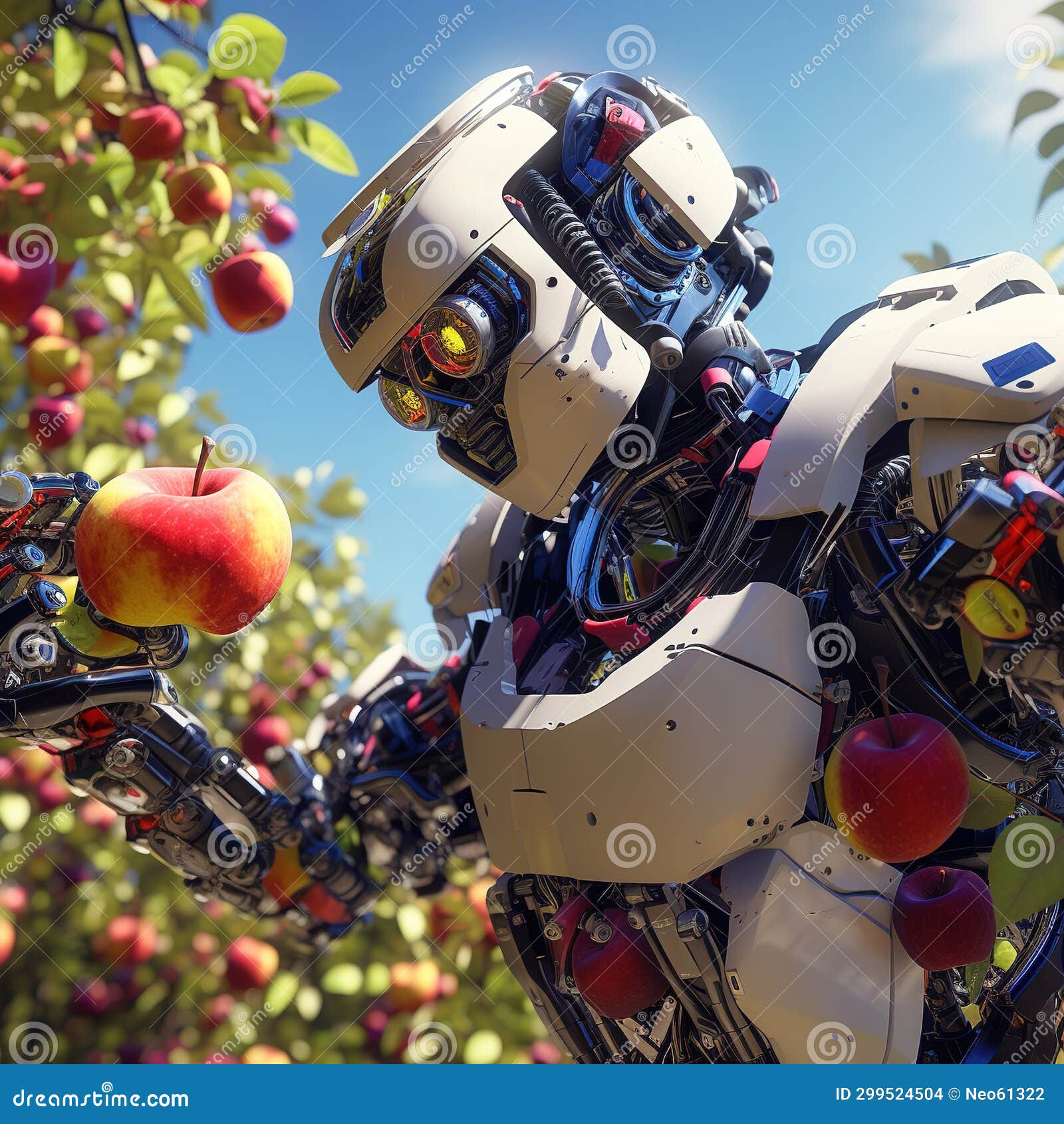 A Robot Picks Fruit in a Forest Surrounded by Fruit Trees Generative AI
