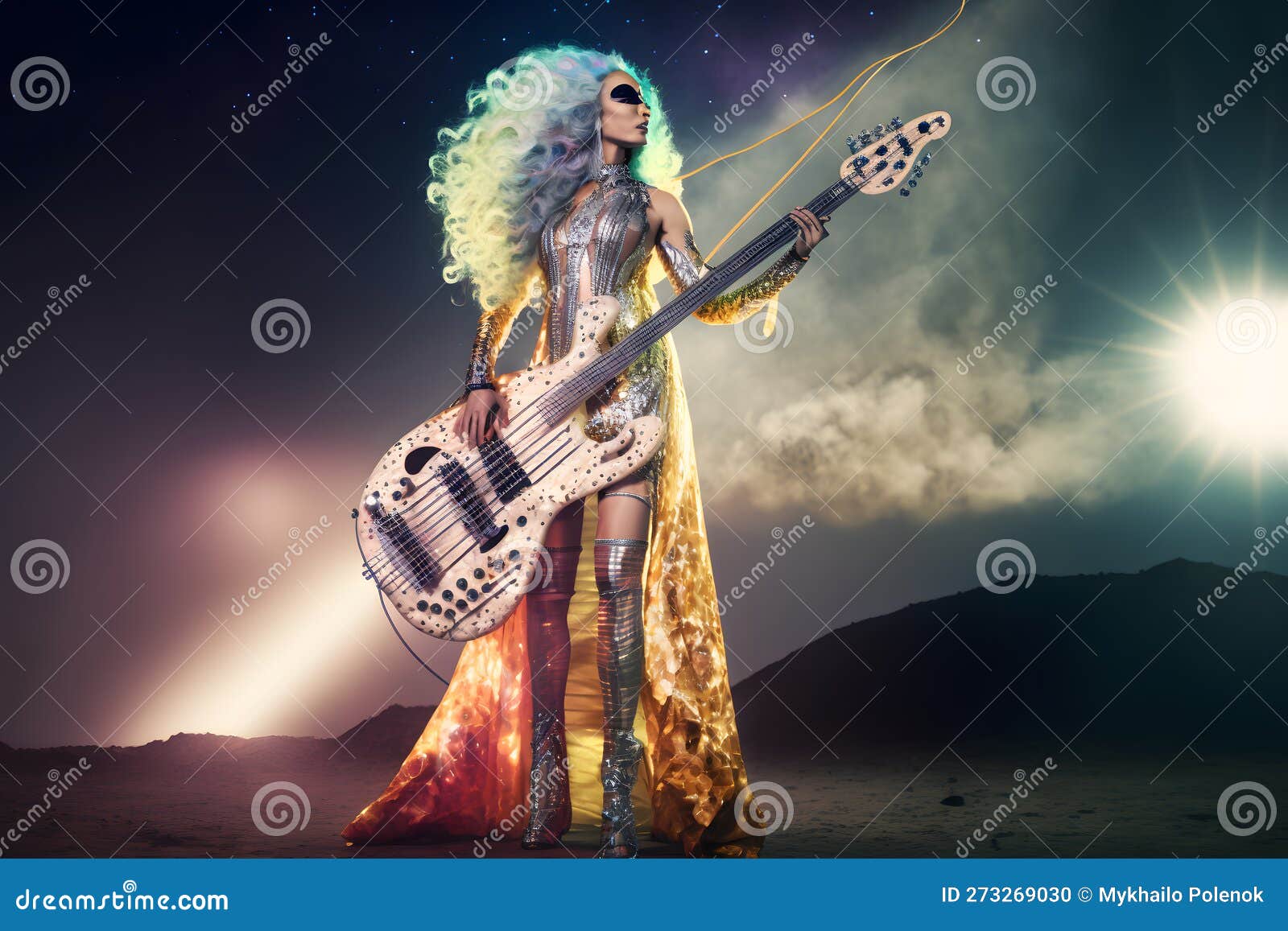 Beautiful Rock Star Woman with Electric Guitar. Neural Network AI