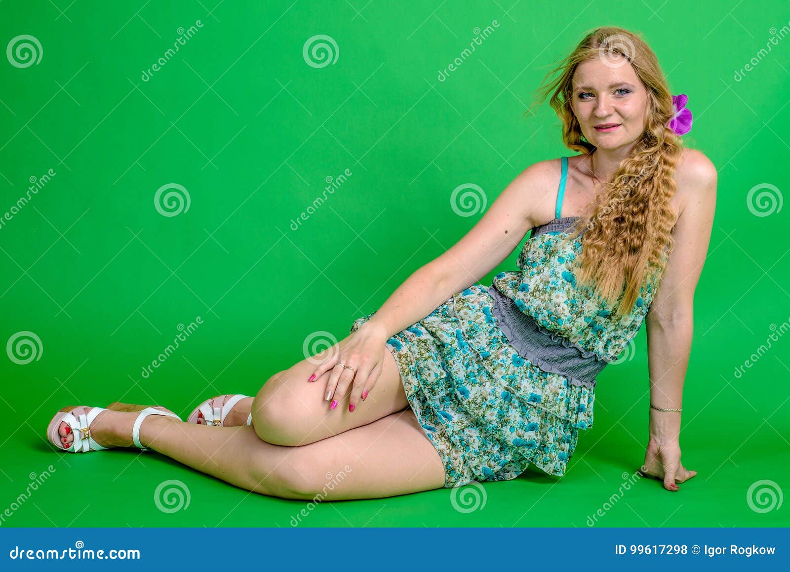Beautiful Romantic Girl Blonde In Summer Dress With Orchid Flower Stock Photo Image Of Cute