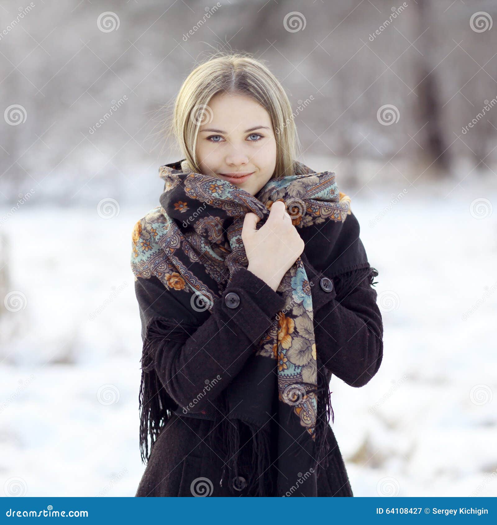 Beautiful Russian Woman At Winter Nature Stock Image