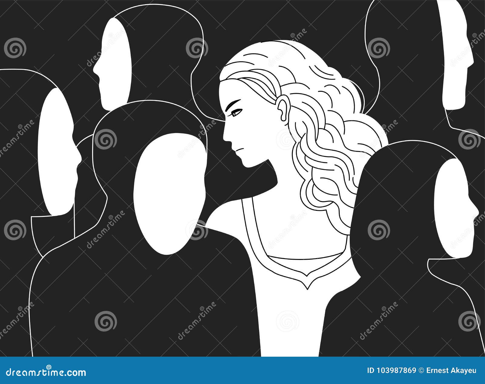 beautiful sad long-haired woman surrounded by black silhouettes of people without faces. concept of loneliness in crowd