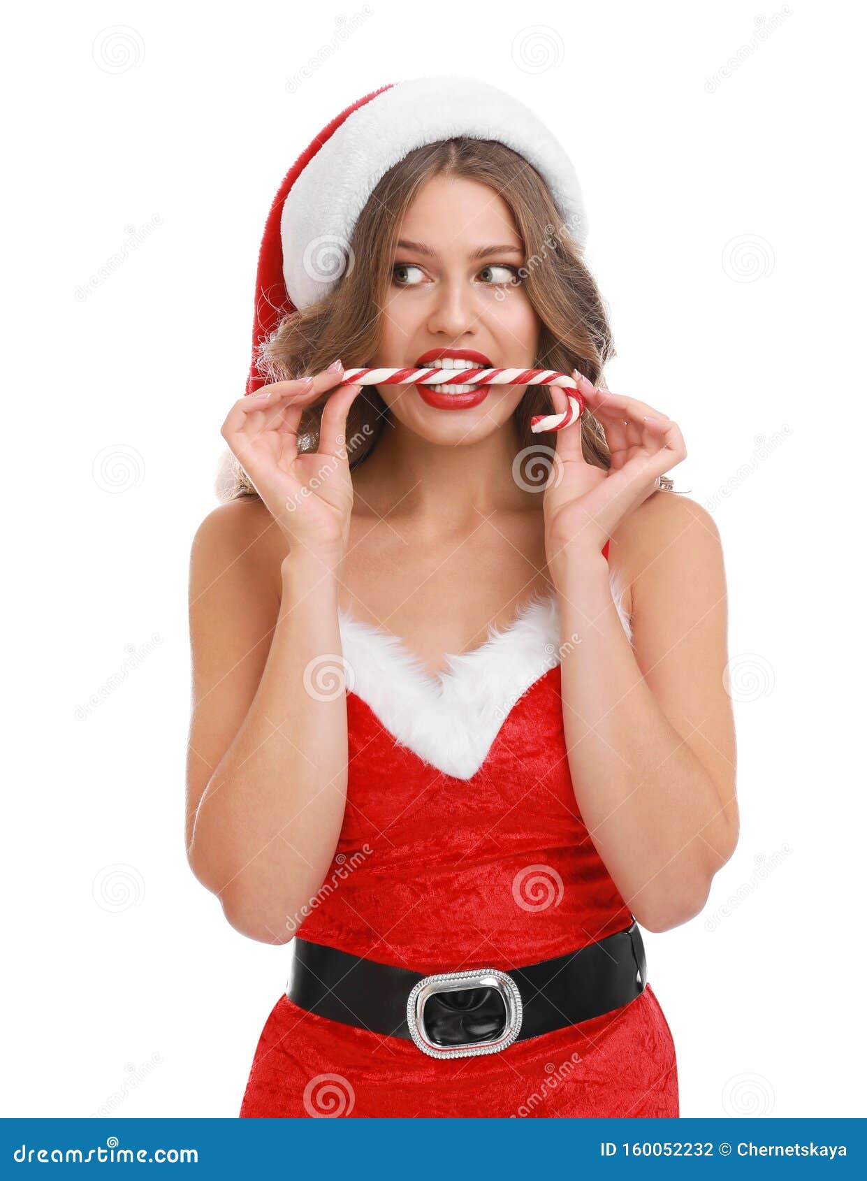 Portrait of sexy santa girl with candy cane isolated on with bac Stock  Photo by ©pyotr021 88233484