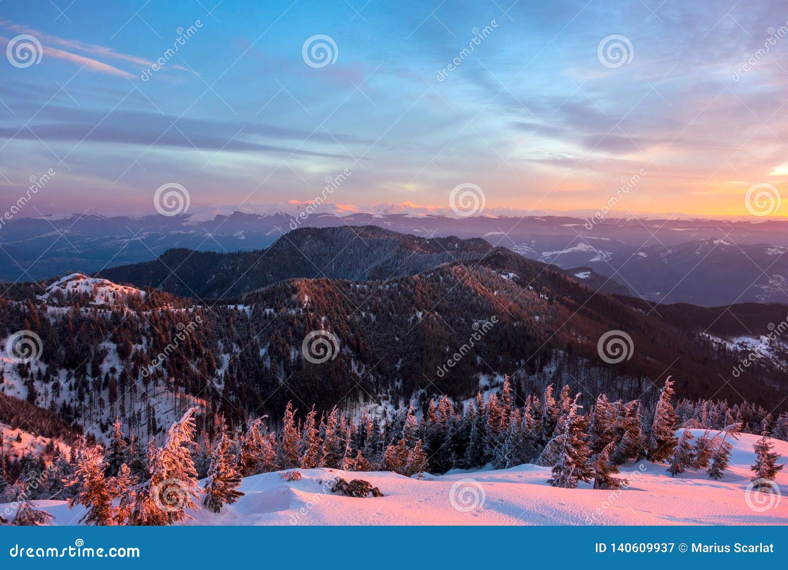 beautiful scenary of fagaras mountains during sunrise, seen from mount cozia