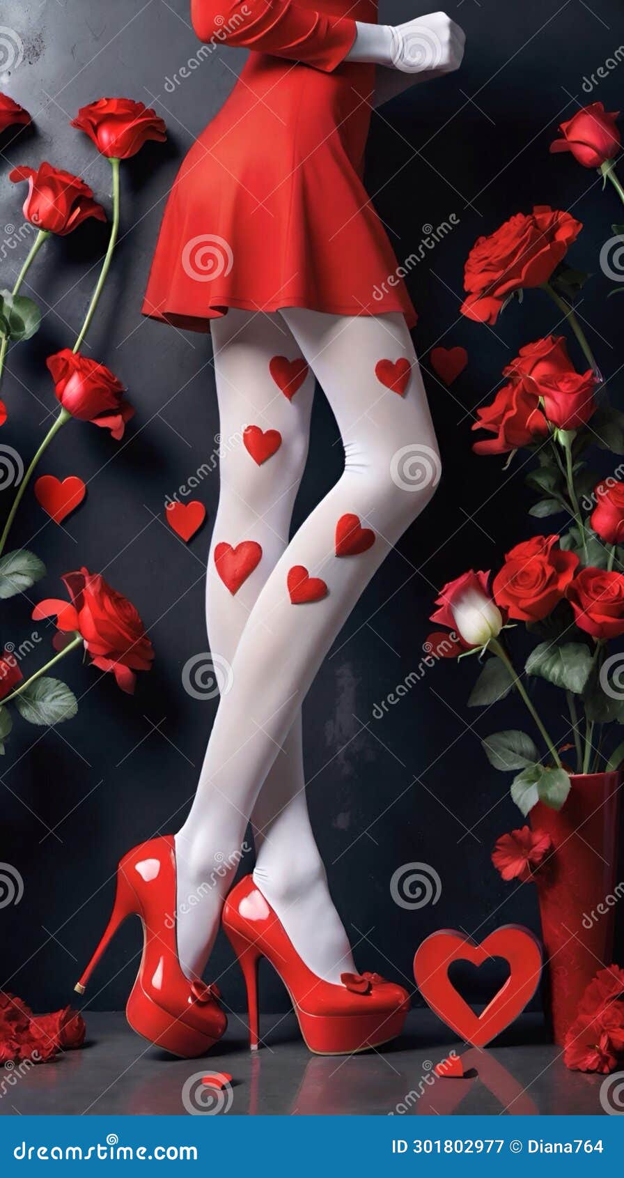beautiful scenery with a womanâs legs wearing white tights and fresh roses on a dark background