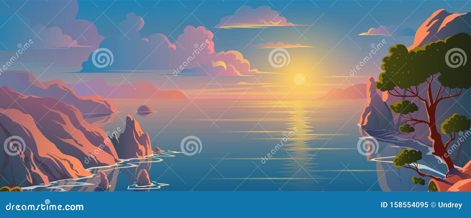 Beautiful Scenery on the Top of Mountain, Seaside View, Colorful Sunset.  Nature Landscape Background Stock Vector - Illustration of panoramic,  golden: 158554095