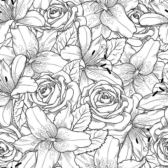 Beautiful Seamless Background with Black and White Lily and Roses Stock ...