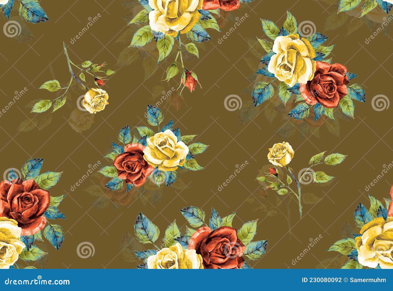 Beautiful Seamless Design of Big Watercolor Roses on Dark Khaki ...