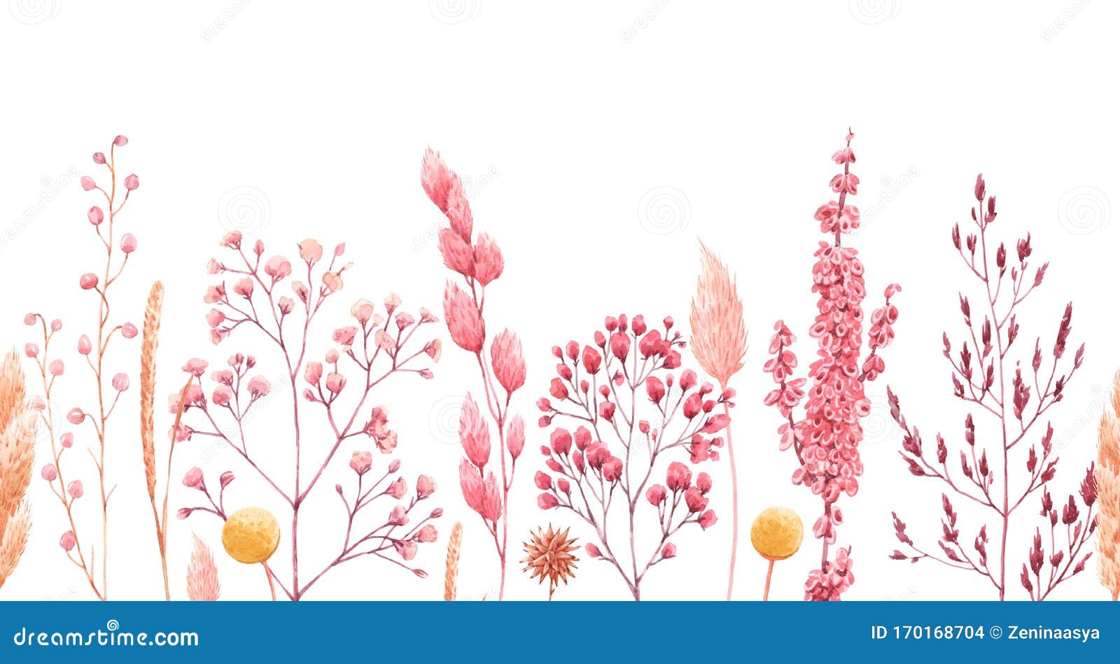 beautiful seamless pattern with watercolor herbarium wild dried grass in pink and yellow colors. stock .