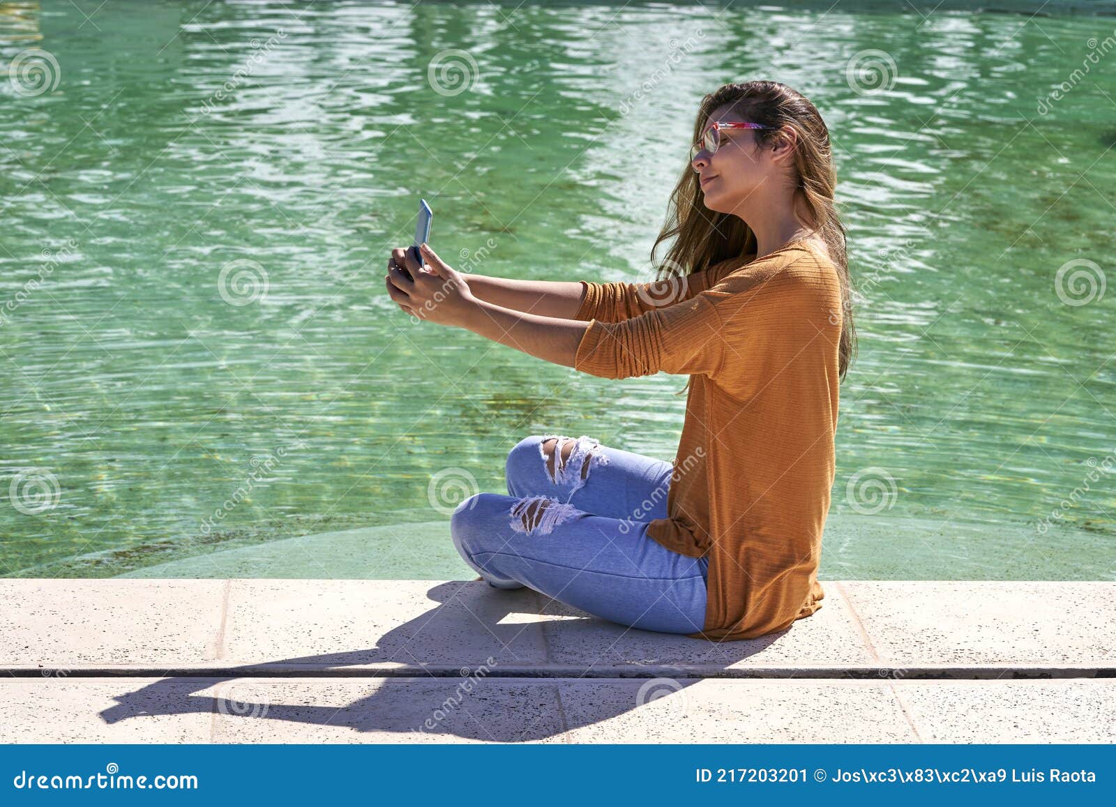 Beautiful Sensual Latin Woman Taking Selfie At Pool Stock Image Image Of Pool Holiday 217203201 