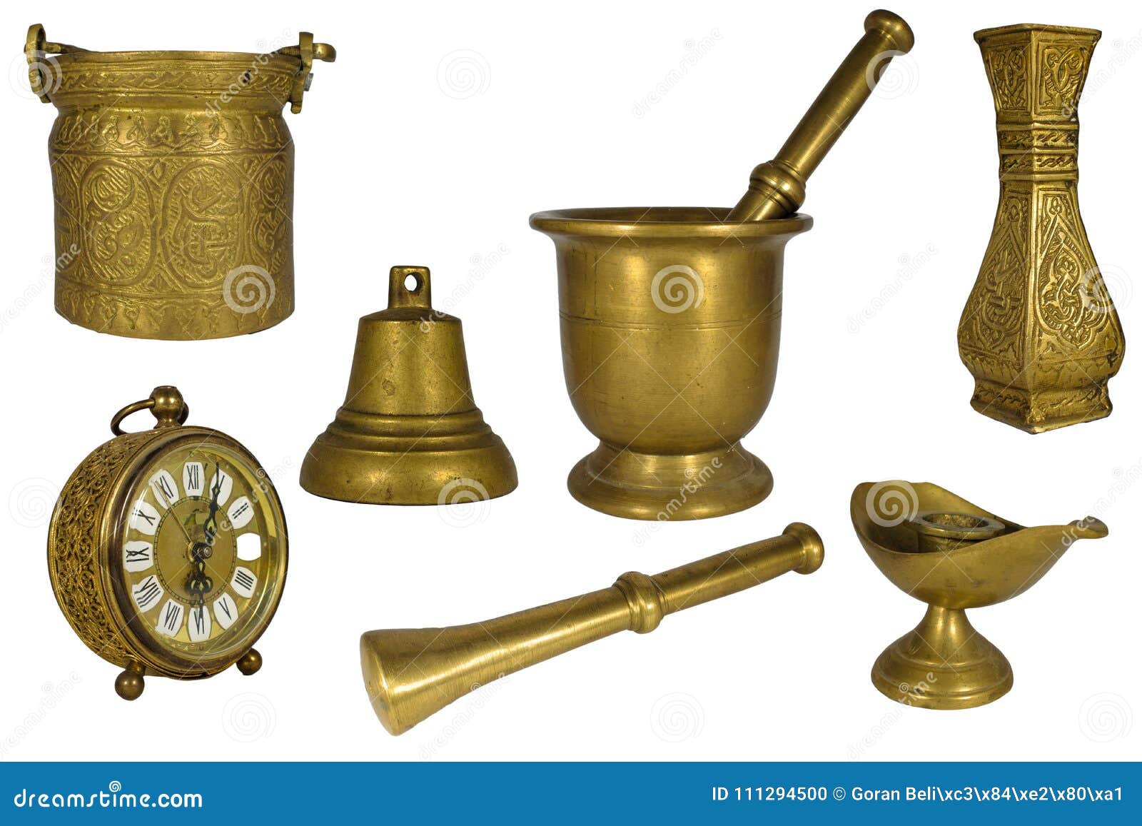 Beautiful Set or Collection of Vintage Brass or Golden Decorative House  Items Isolated on White: Clock, Pestle, Mortar, Bell Stock Photo - Image of  isolated, collection: 111294500