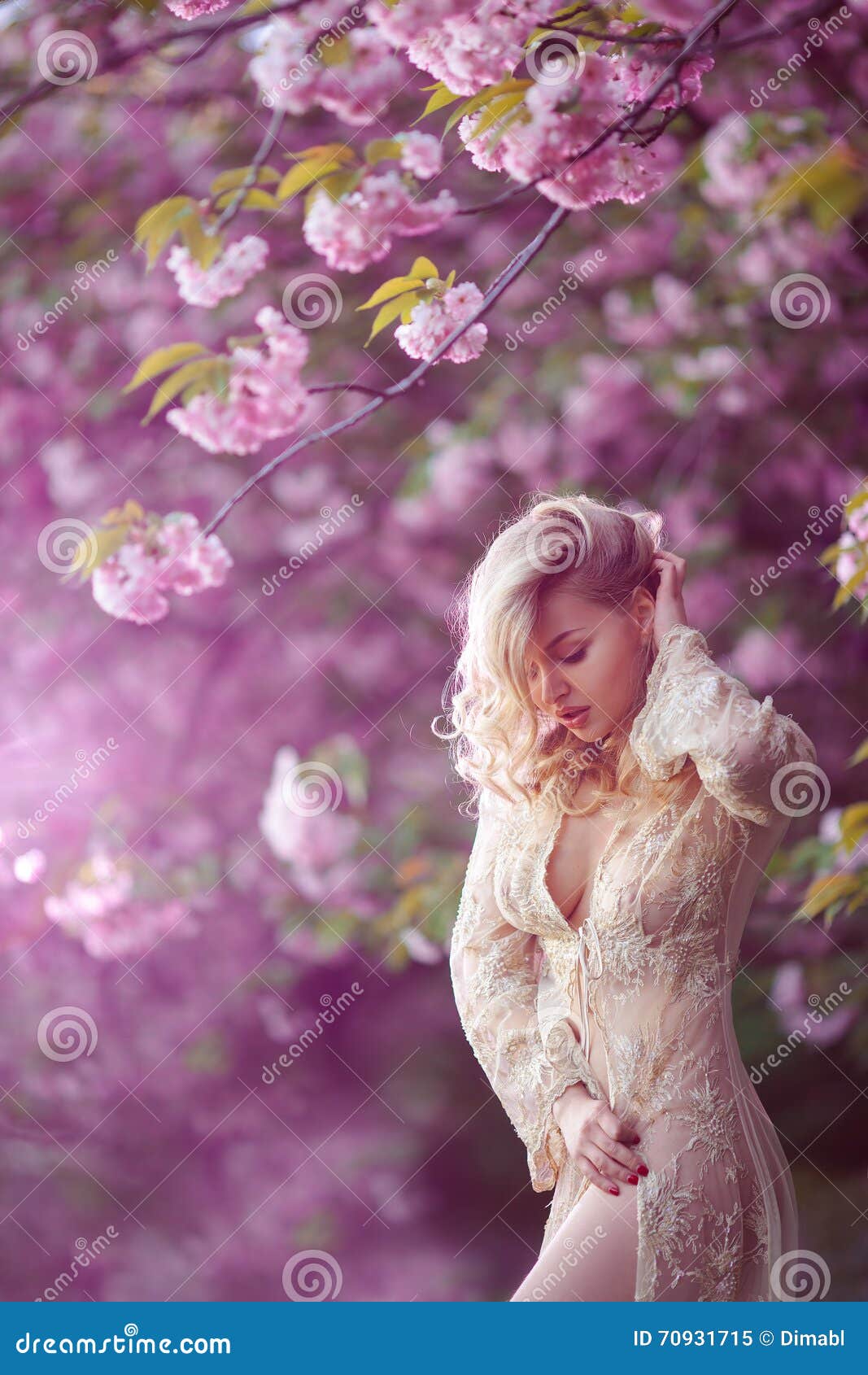 Beautiful Adult Girl Standing At Blossoming Tree In The Garden Stock Image Image Of Flowers