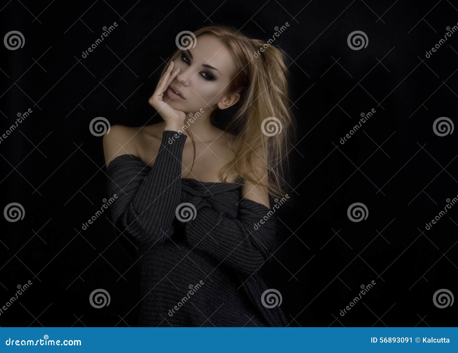 Beautiful Blond Woman. Dark Background. Smokey Eyes Makeup Stock Image ...