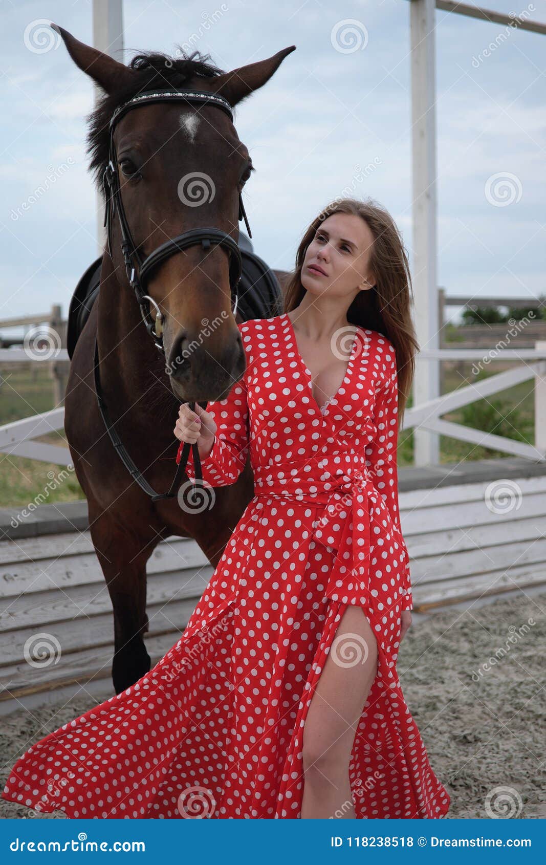 Beautiful and Blonde with Big Breasts in a Red Dress and a Horse of Brown  Suits Stock Photo - Image of animal, activity: 118238518