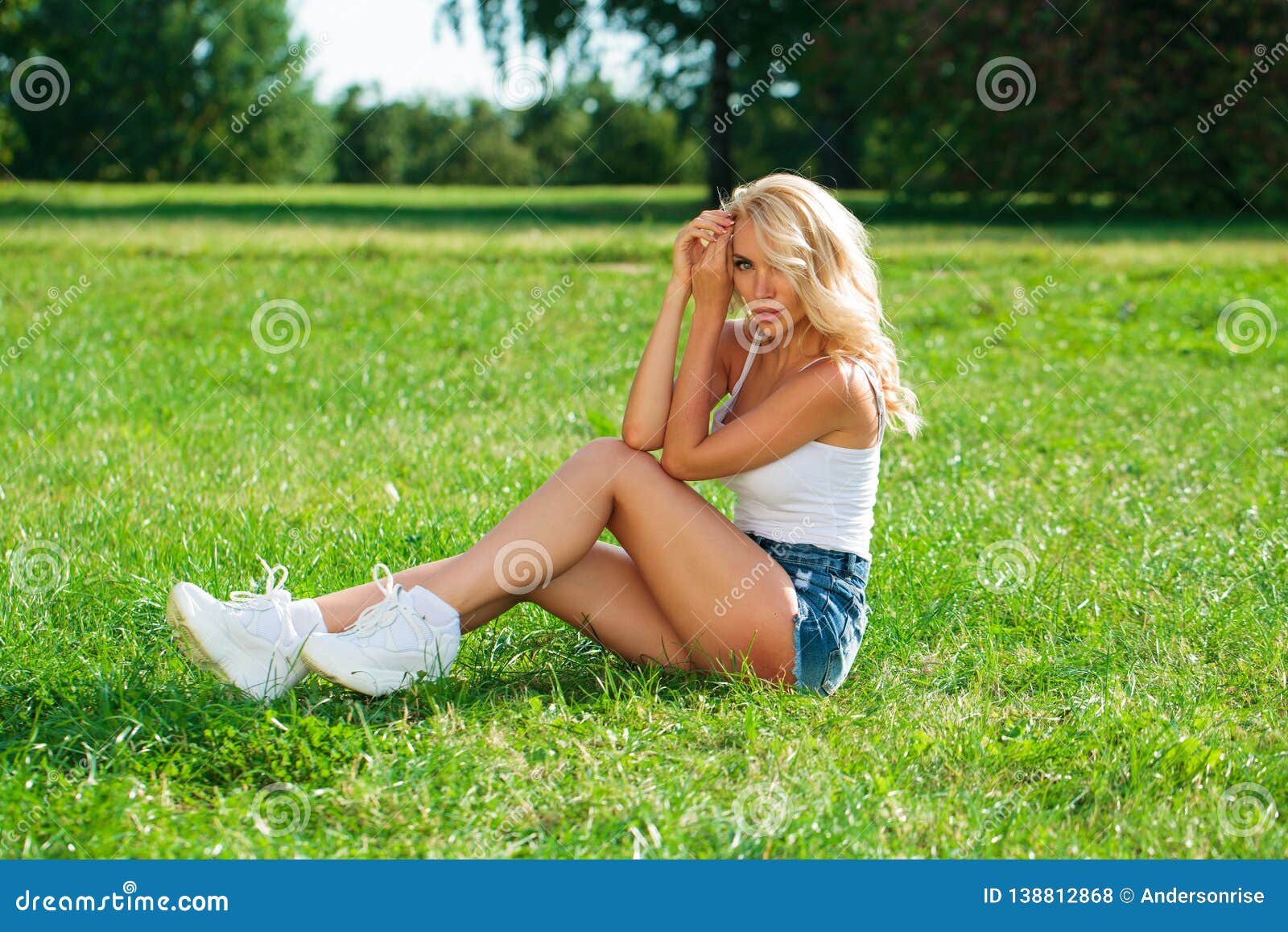 Beautiful Blonde Woman In Blue Jeans Shorts Stock Photo Image Of