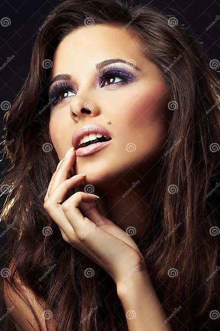 Beautiful and Brunette Girl on Dark Stock Photo - Image of glamour ...