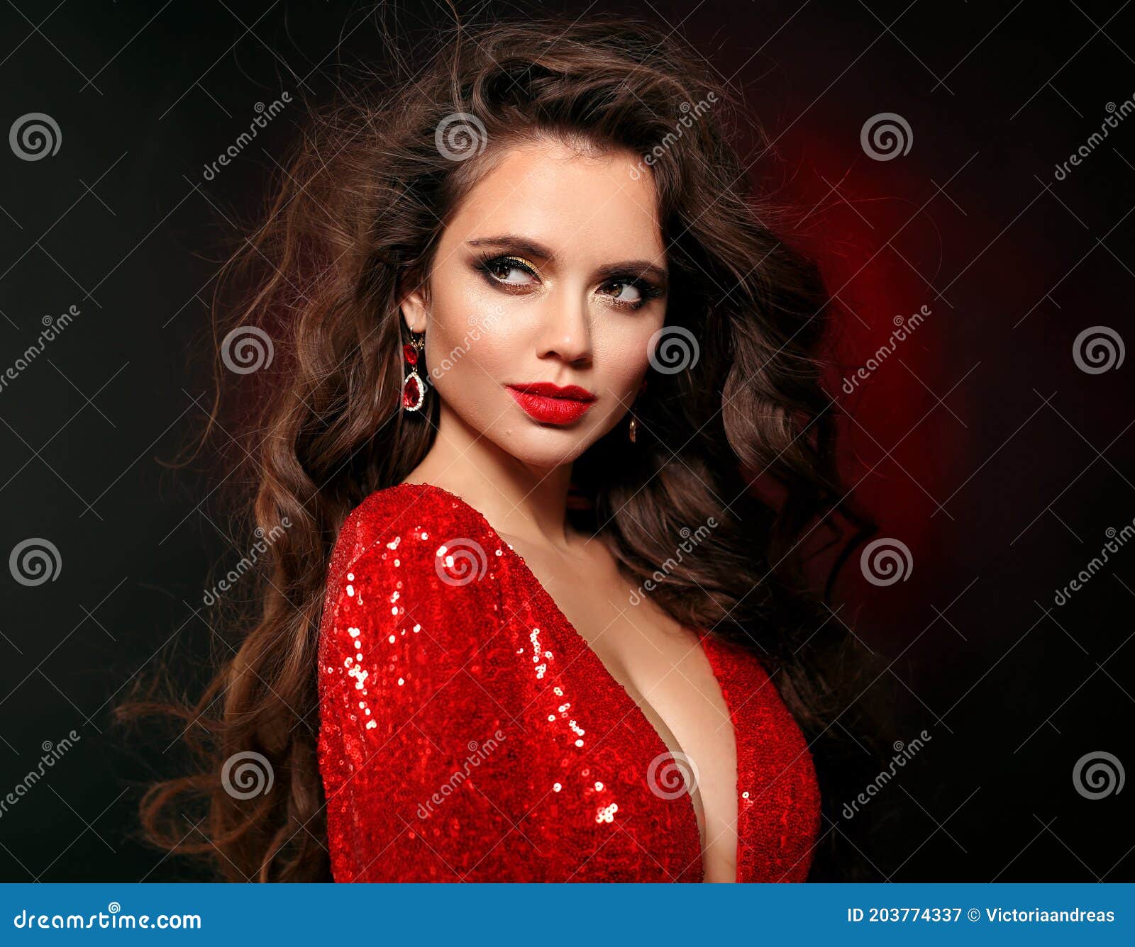 Beautiful Brunette in Red Dress with Healthy Curly Hair and Glamour Makeup. Fashion Beauty Girl on Black Studio Stock Image - Image of female, glam: 203774337 Beautiful Brunette in Red Dress with Healthy Curly Hair and Glamour Makeup. Fashion Beauty Girl on Black Studio Stock Image - Image of female, glam: 203774337