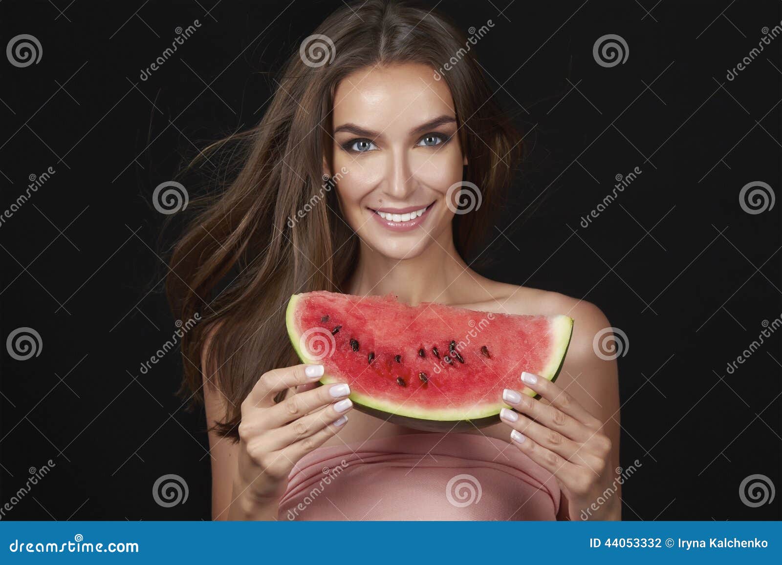 Beautiful Brunette Woman Eating Watermelon On A White Background Healthy Food Tasty Food