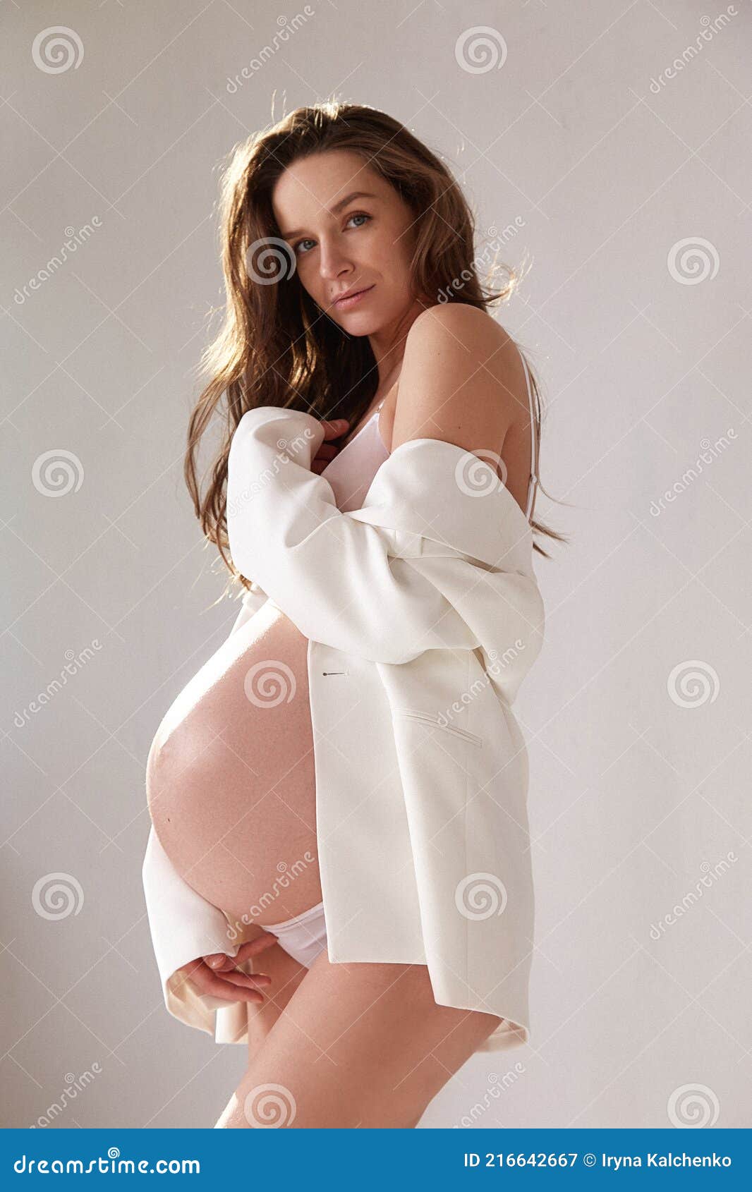 Beautiful Brunette Woman Pregnant Belly Lady on Nine`s Month Happy Mather  White Skin Wear White Underwear and Jacket on Ligh Stock Image - Image of  background, healthy: 216642667