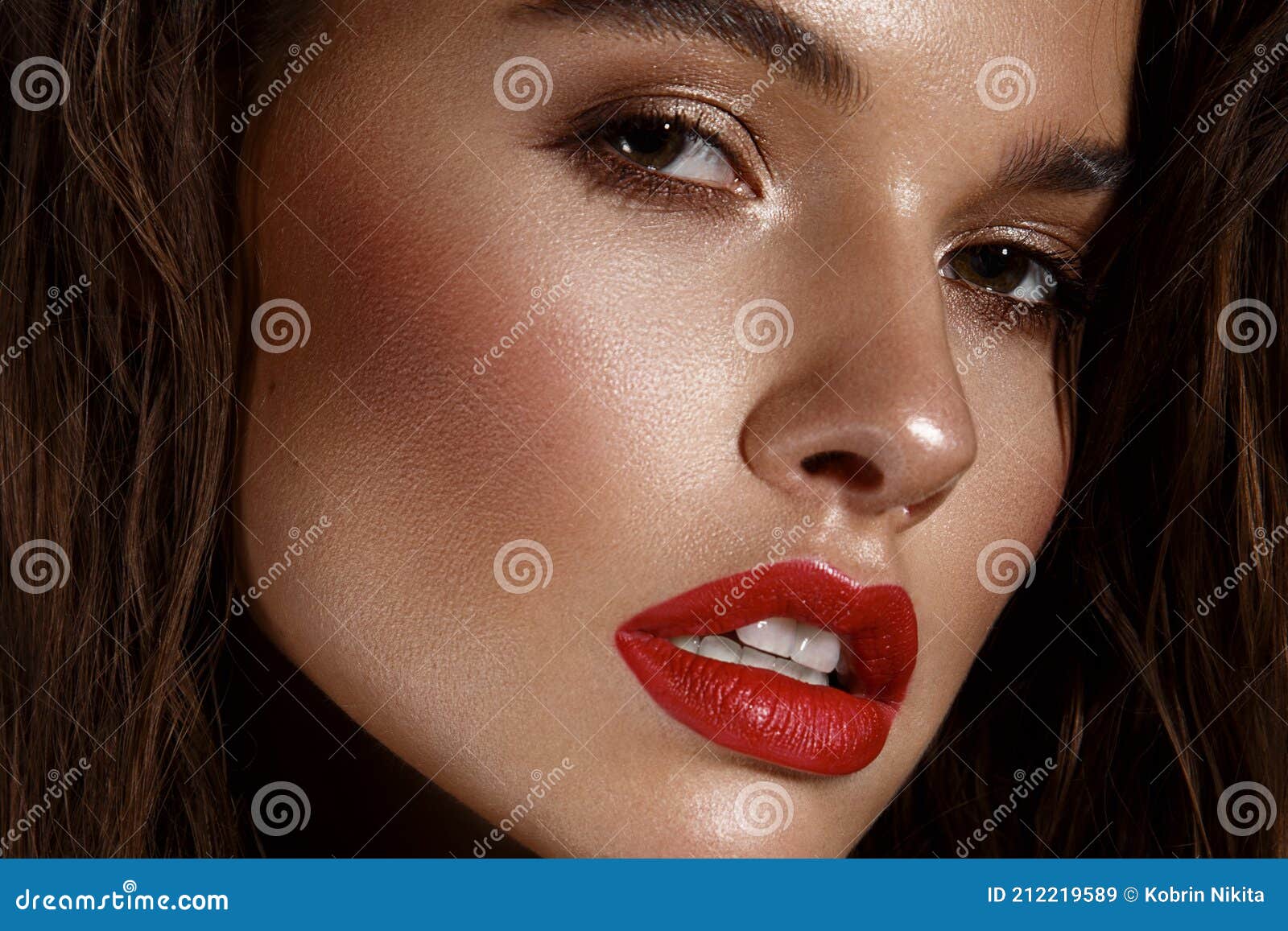 Beautiful Girl With Bright Makeup Red Lips Wet Hair Beauty Face