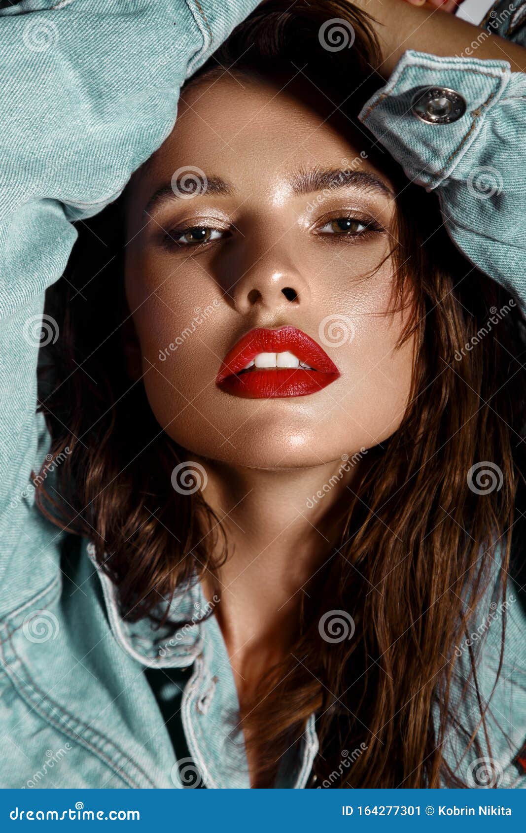 Beautiful Girl With Bright Makeup Red Lips Wet Hair In A Denim Jacket Beauty Face Stock Image