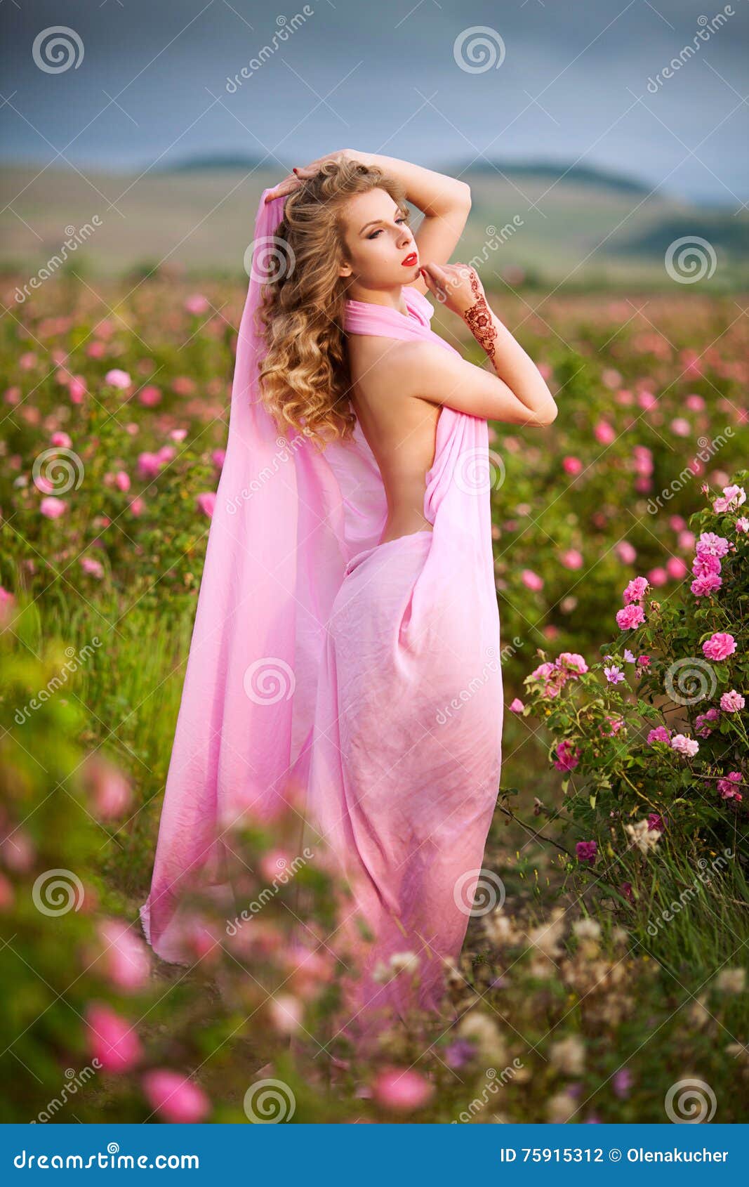 Beautiful Girl in a Pink Dress Standing in the Garden Roses Stock Photo ...