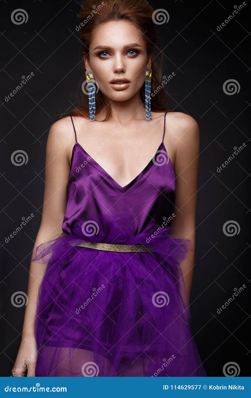 Beautiful Girl with Sensual Fashion Hair,purple Dress and Accessories. Face Stock Image Image of elegant, beautiful: 114629577