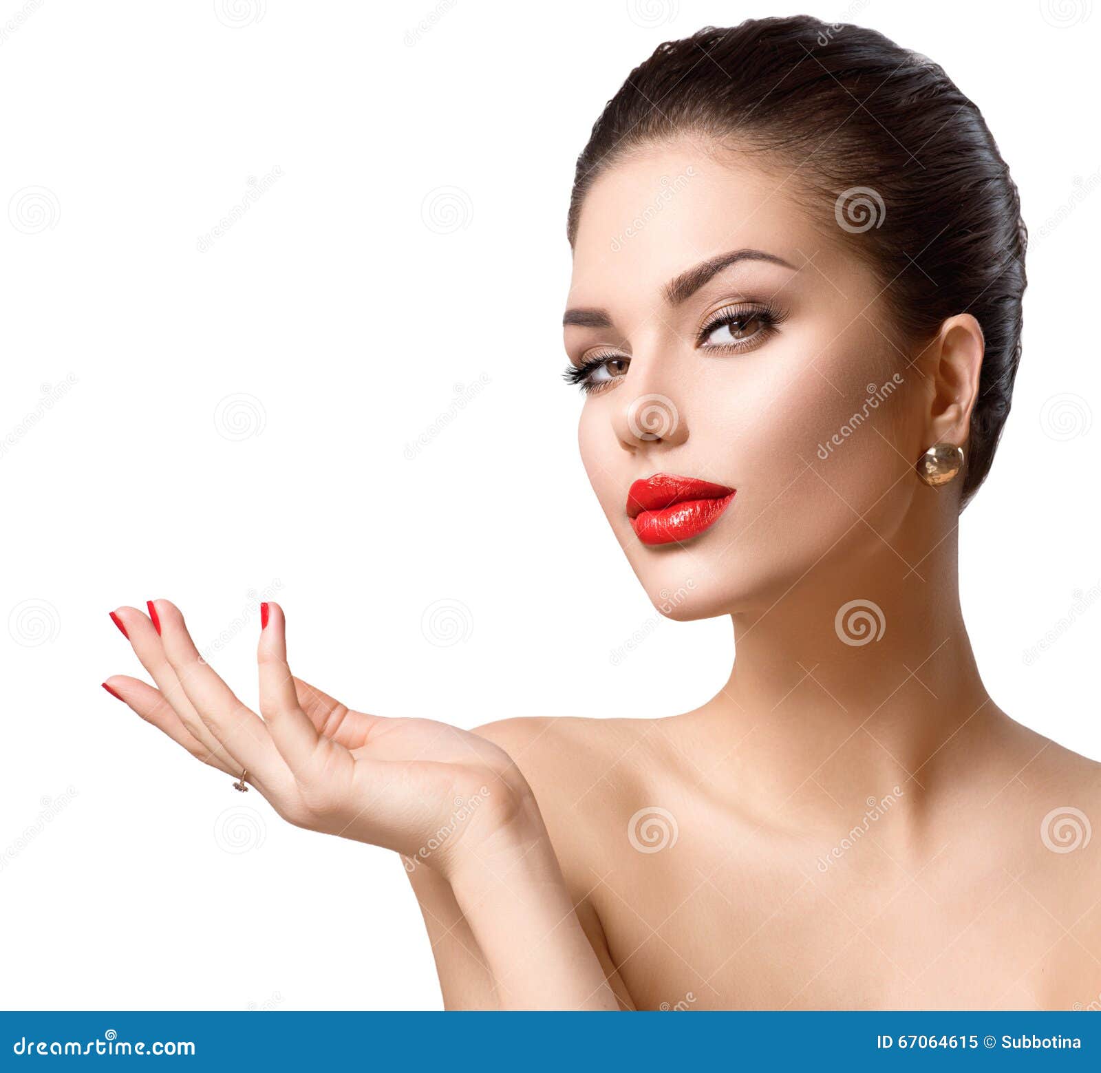 Beautiful fashion girl showing copy space on the open hand