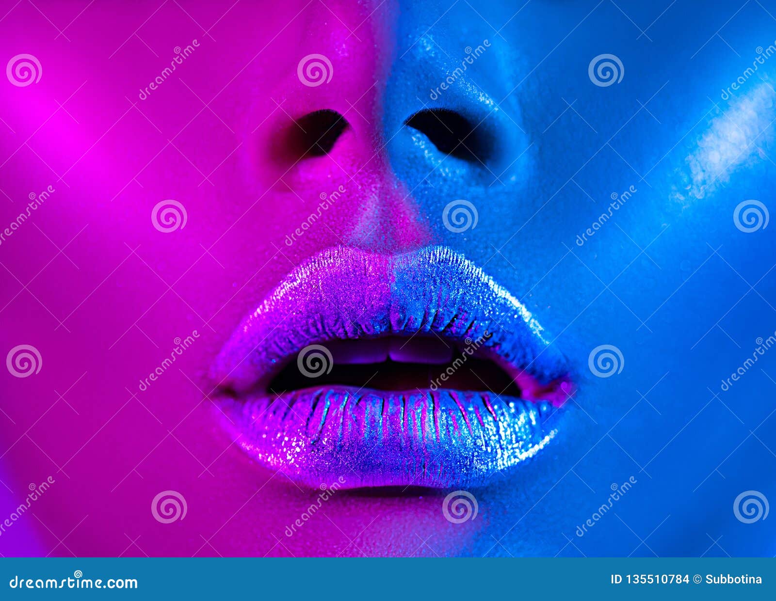 beautiful girl, trendy glowing makeup, metallic silver lips. high fashion model woman in colorful bright neon lights